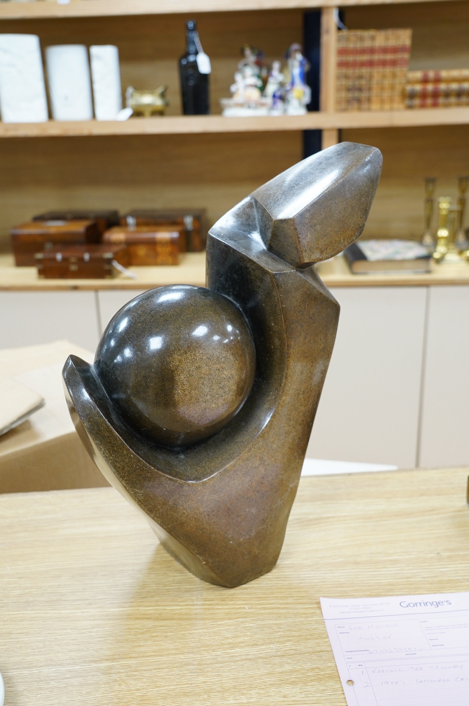 Brighton Sango (1958-1995), an abstract soapstone sculpture, 44cm. Condition - fair to good